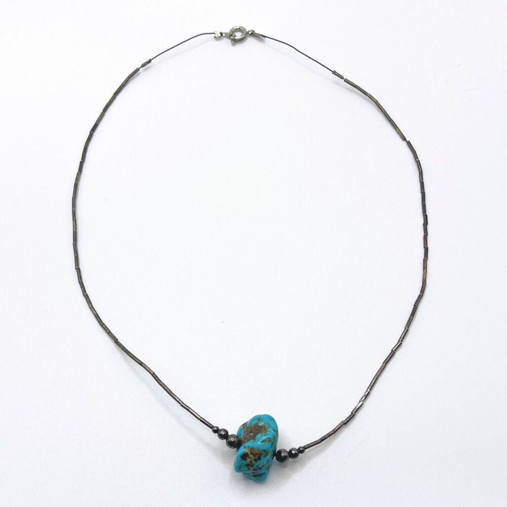 Vintage Southwest Necklace Turquoise Nugget Chunky Blue Liquid Silver Tone Beads